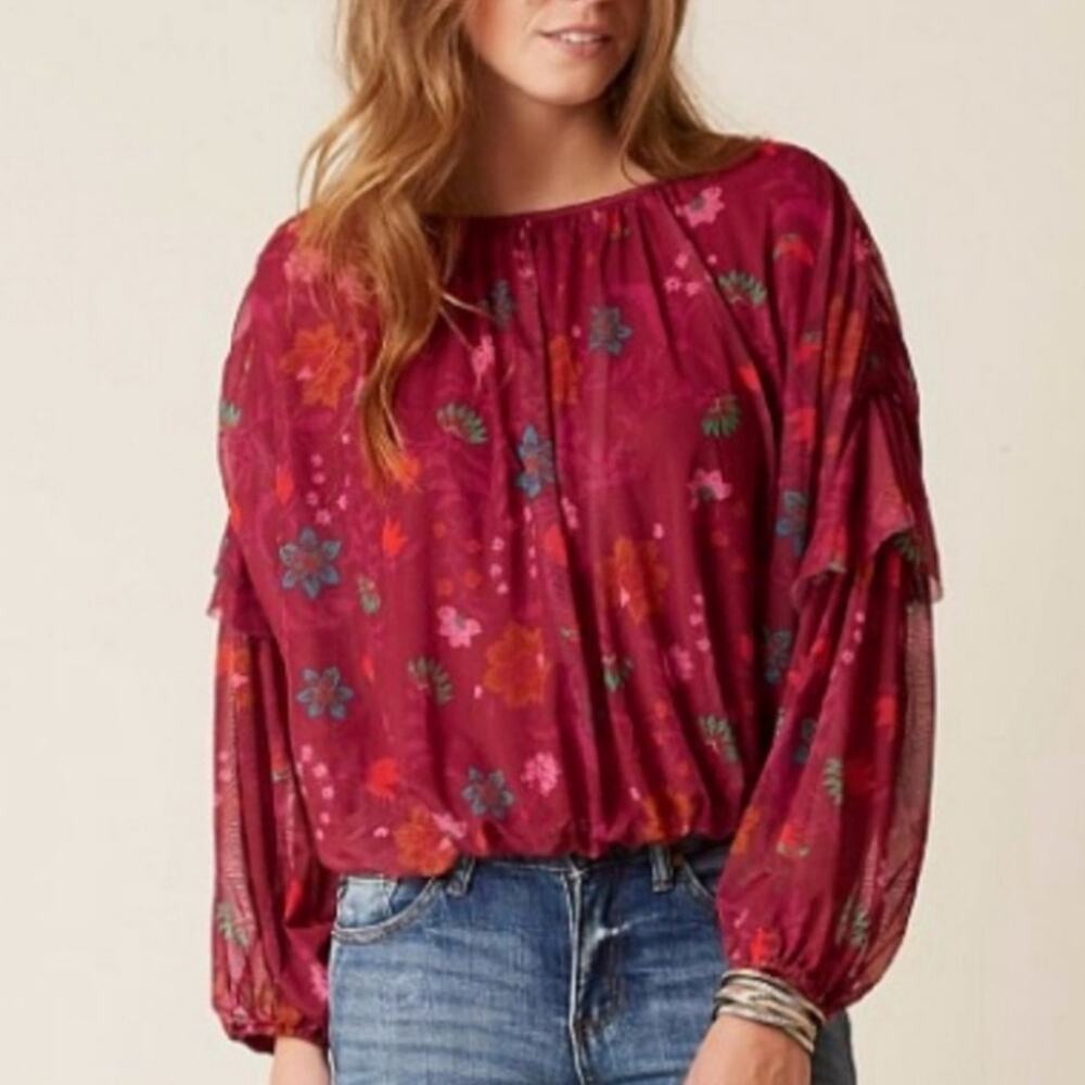 Free People Floral Ruffle Blouse Red Pink Bateau Neck Long Sleeve Boho XS